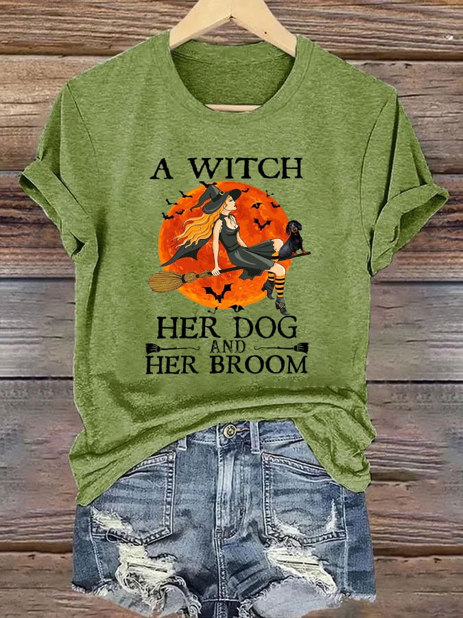 Women's A Witch Her Dog And Her Broom Print T-Shirt