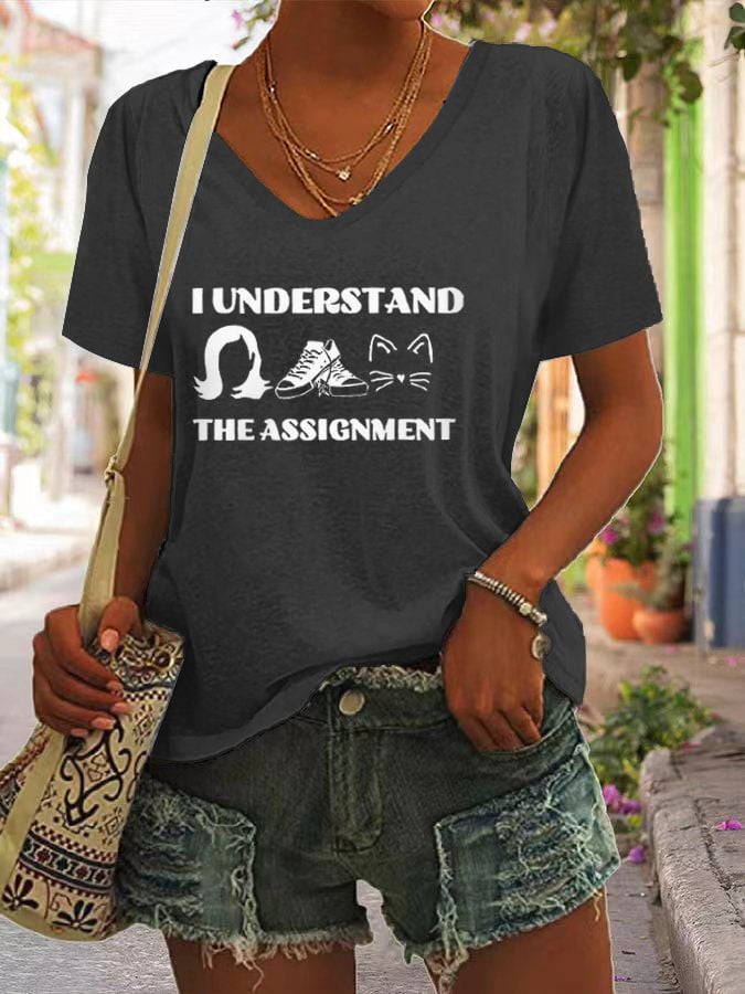 Women's I Understand The Assignment Print V-Neck T-Shirt