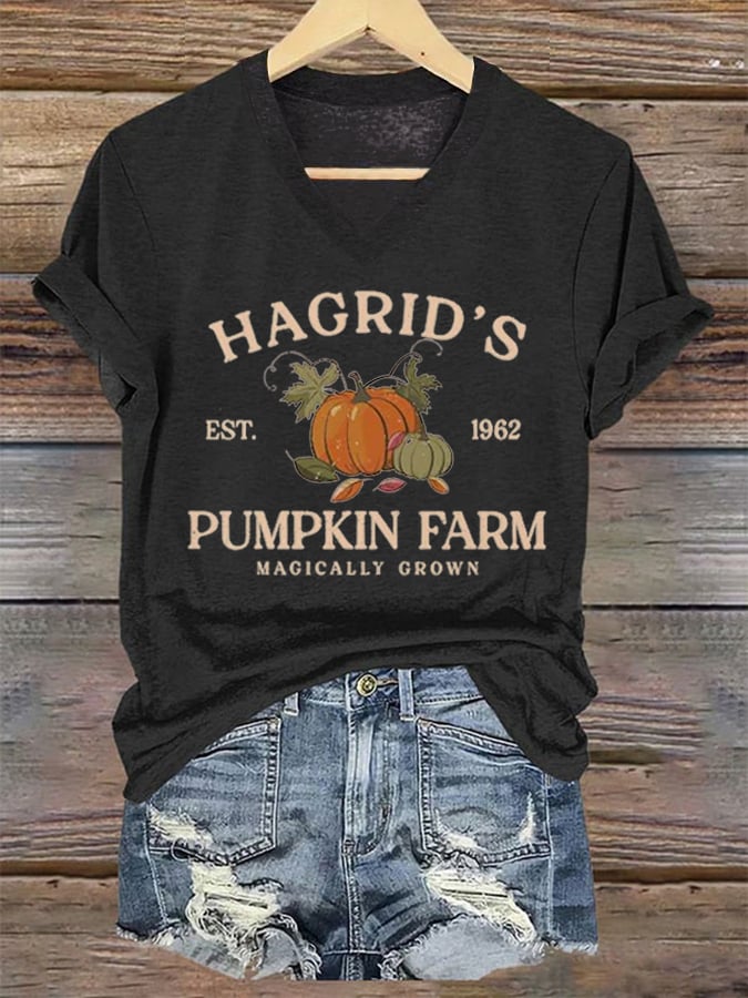 Women's Hagrid'S Pumpkin Patch Print V Neck T-shirt