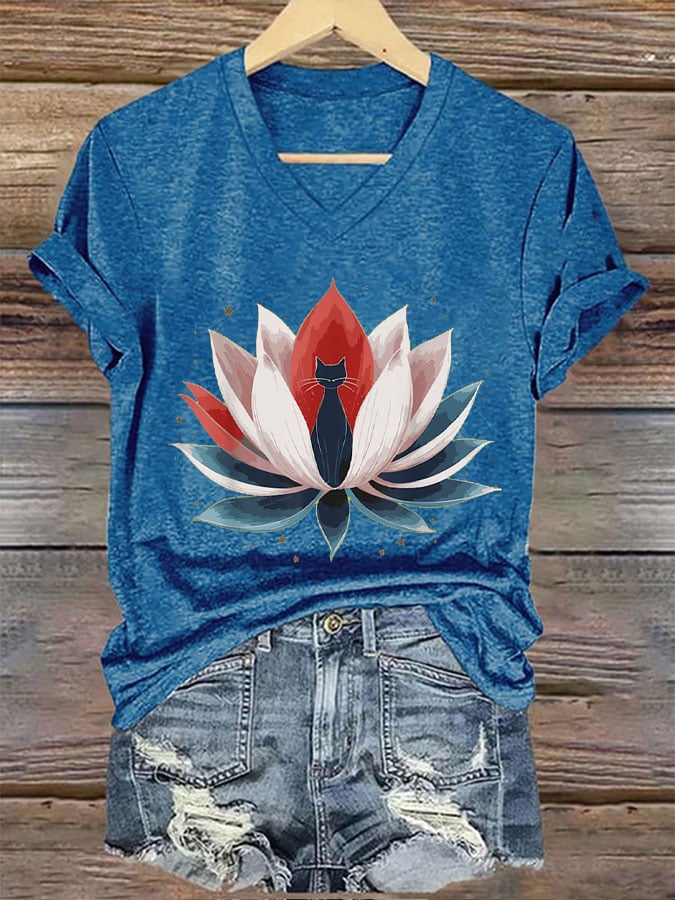 Women's Lotus&Cat Print T-Shirt