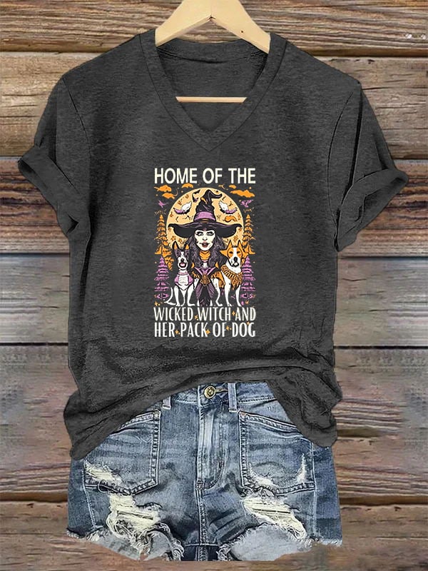Home Of The Wicked Witch And Her Pack Of Dogs Print V Neck T-Shirt