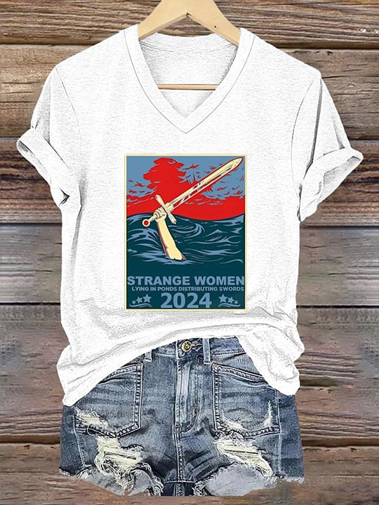 Women's Strange Women Lying In Ponds Distributing Swords Print T-Shirt