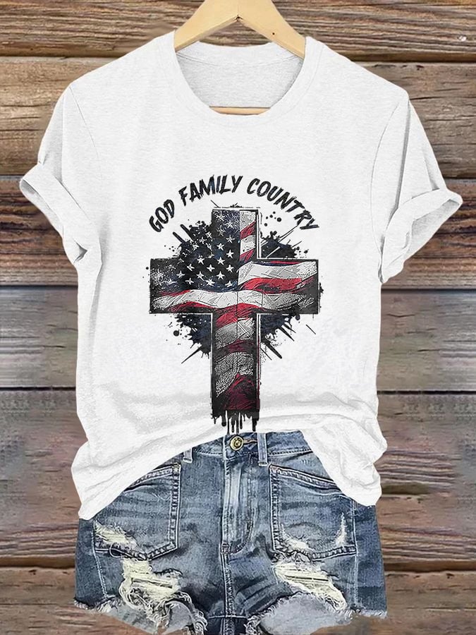 Retro Faith Cross God Family Country Print T-Shirt