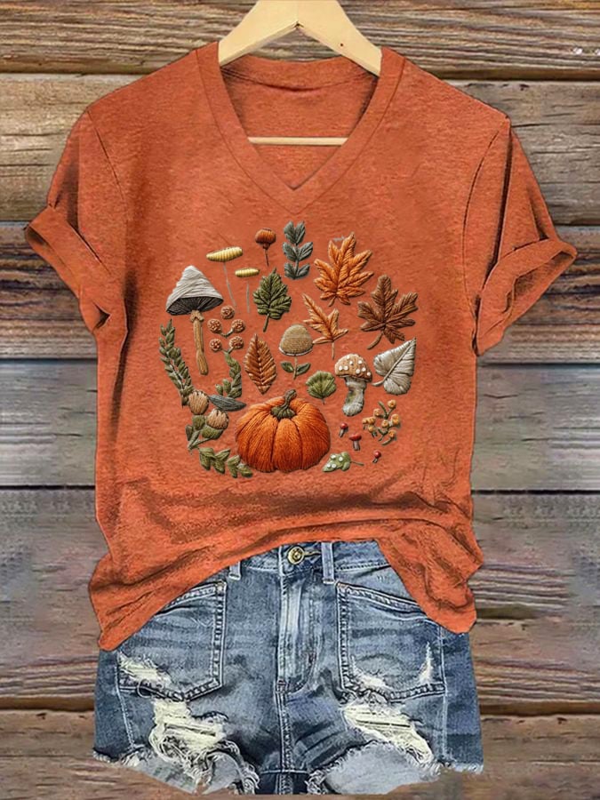Halloween Pumpkin Maple Leaf Print T-Shirt