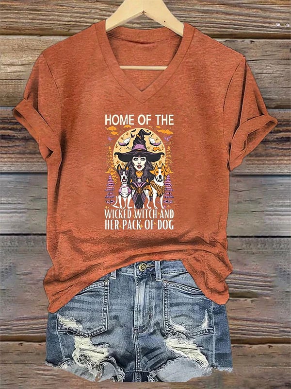 Home Of The Wicked Witch And Her Pack Of Dogs Print V Neck T-Shirt