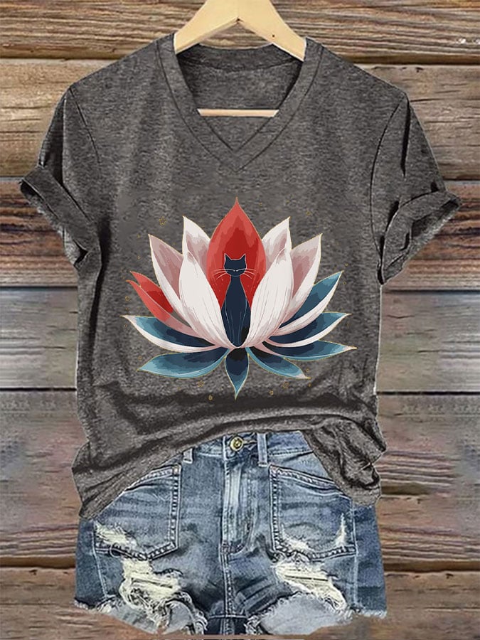 Women's Lotus&Cat Print T-Shirt