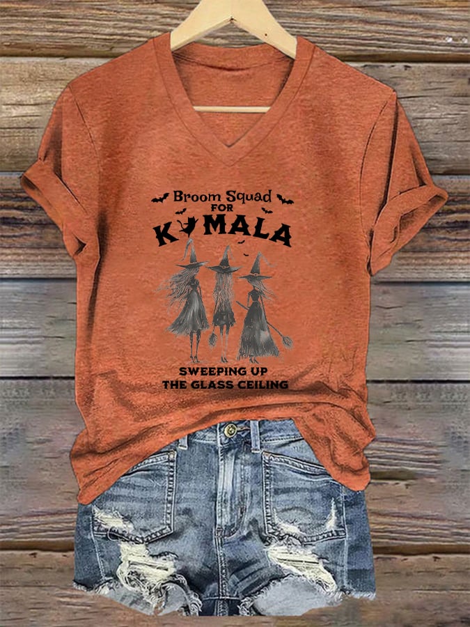 Women's Witches Halloween Print V Neck T-Shirt