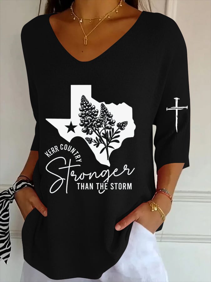 Women's Texas Flood Print Striped Fabric Casual V-Neck T-Shirt