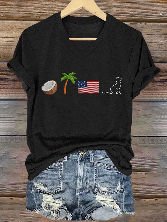 Women's Coconut Palm Tree Flag And Cat Printed Casual V-Neck T-Shirt