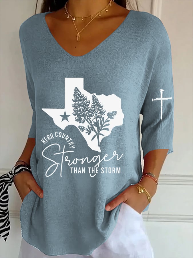 Women's Texas Flood Print Striped Fabric Casual V-Neck T-Shirt