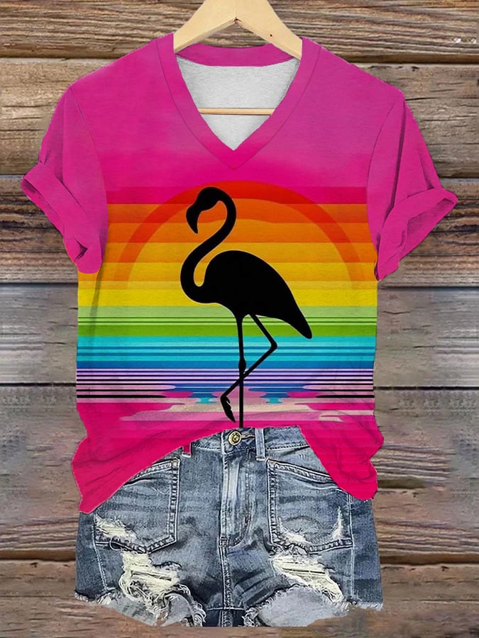 Women's Rainbow Flamingo Print V-Neck T-Shirt