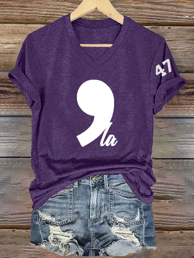 Women's La 47 Printed Casual V Neck T-Shirt