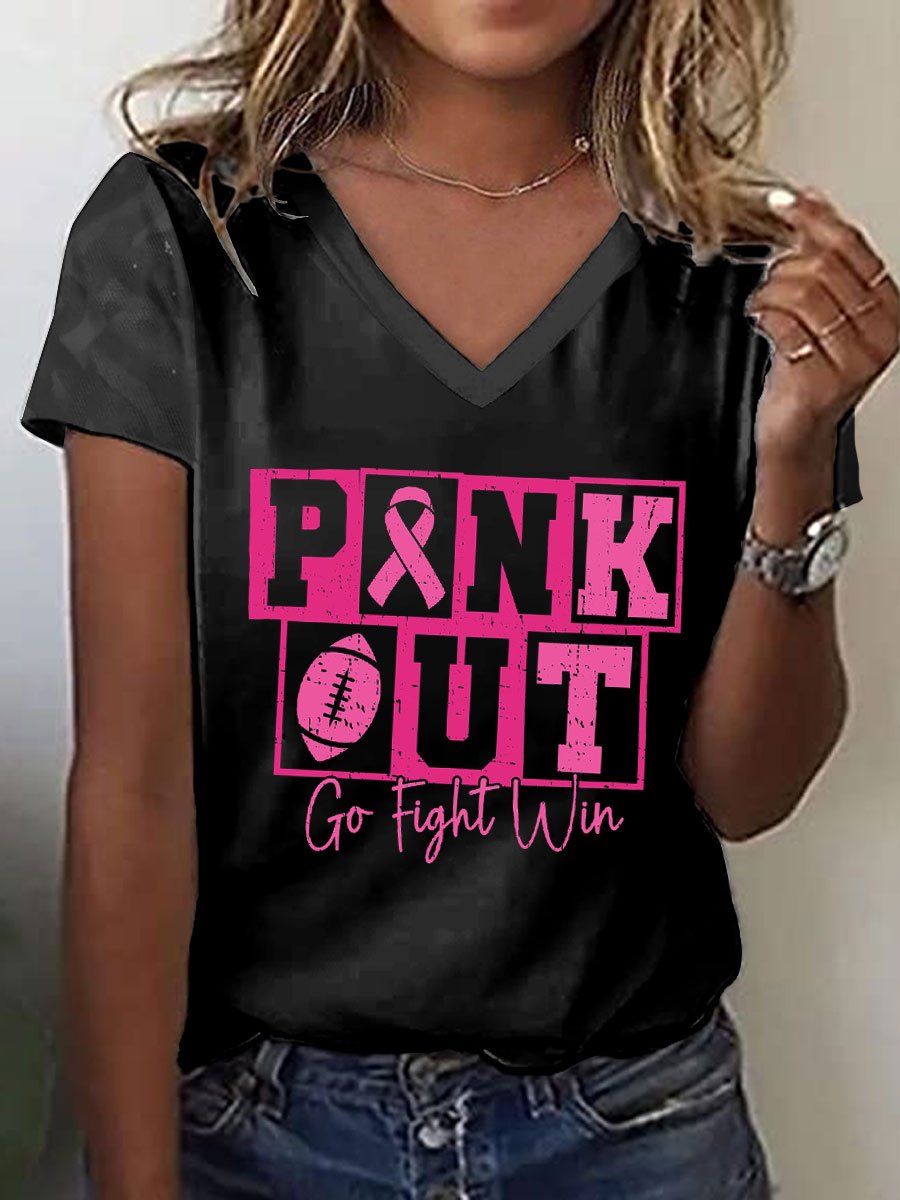 Women's Pink Out Football Breast Cancer Print T-Shirt