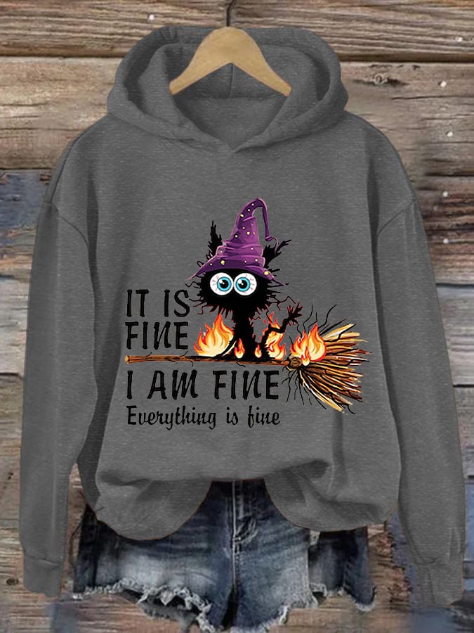 Women's Funny Halloween It's Fine I'm FineBlack Cat Print Hoodie