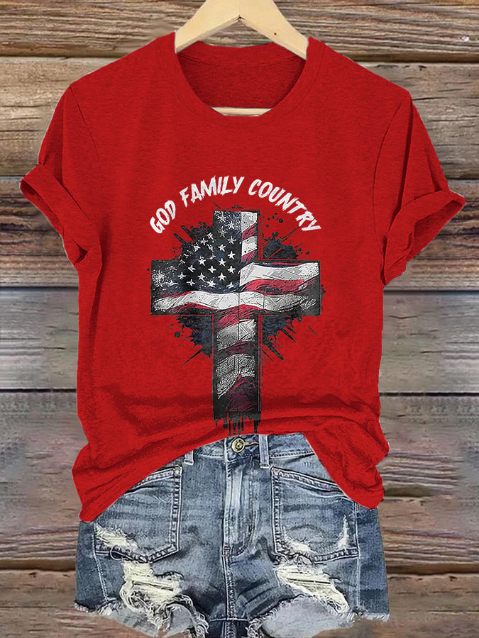 Retro Faith Cross God Family Country Print T-Shirt