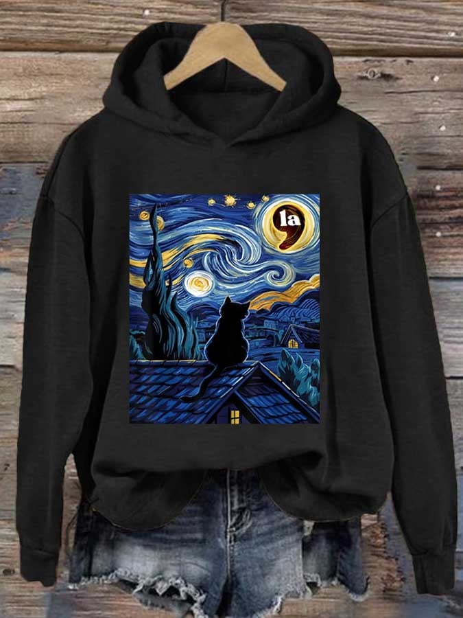 Retro Cat LA Starry Night Print Hoodie