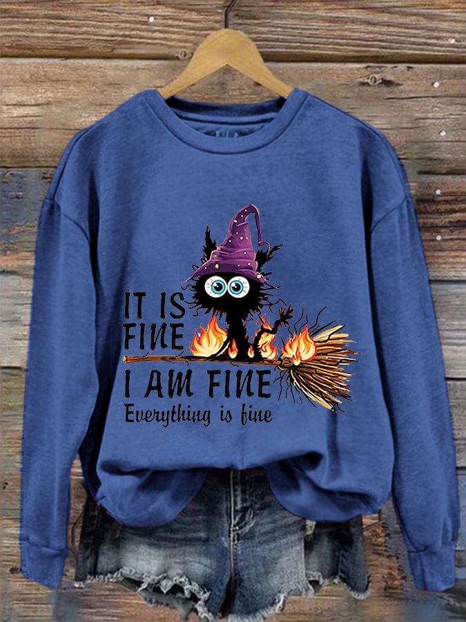 Women's Funny Halloween It's Fine I'm Fine Black Cat Print Crew Neck Sweatshirt
