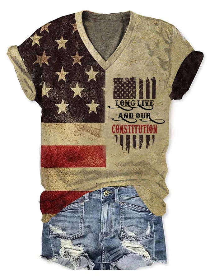 Women's Long Live And Our Constitution Print V-Neck T-Shirt