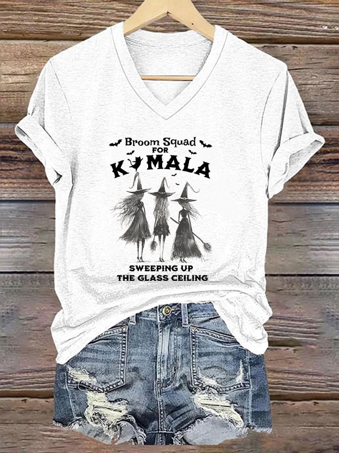 Women's Witches Halloween Print V Neck T-Shirt