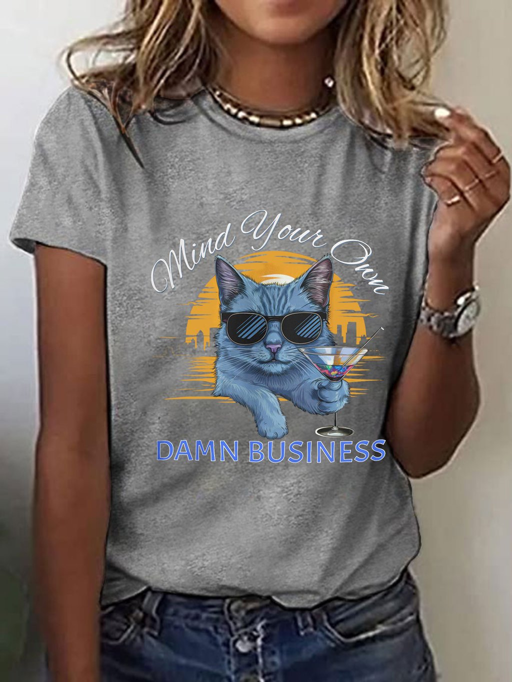 Women's Mind Your Own Damn Business Cat Print T-Shirt