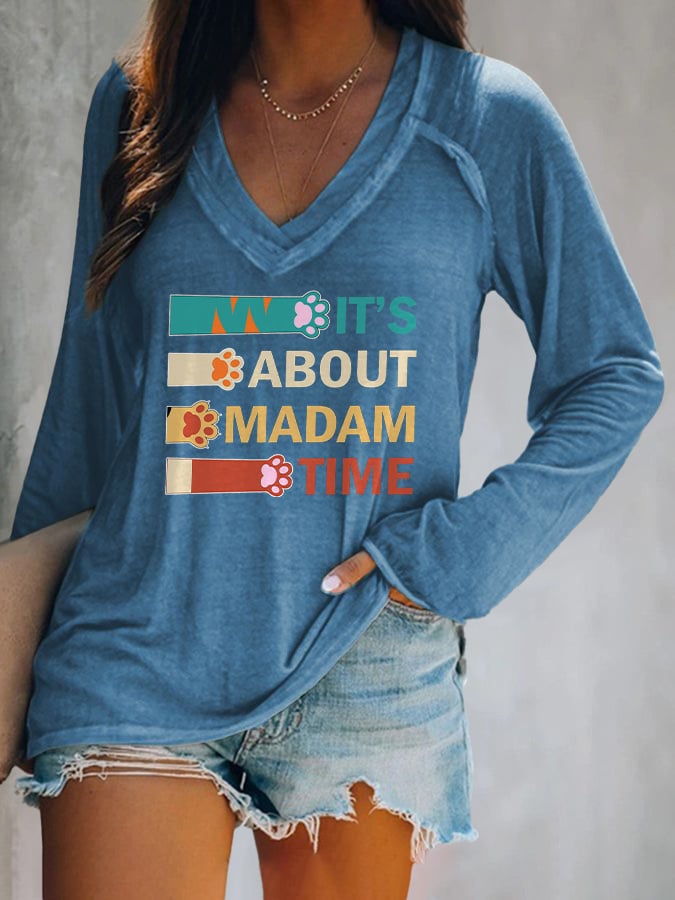 V-neck Retro It’s About Madam Time Cat Print T-Shirt