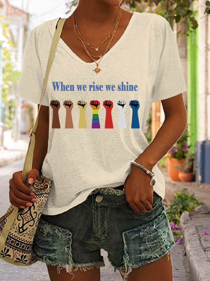 Women's When We Rise We Shine Printed V-Neck Short Sleeve T-Shirt