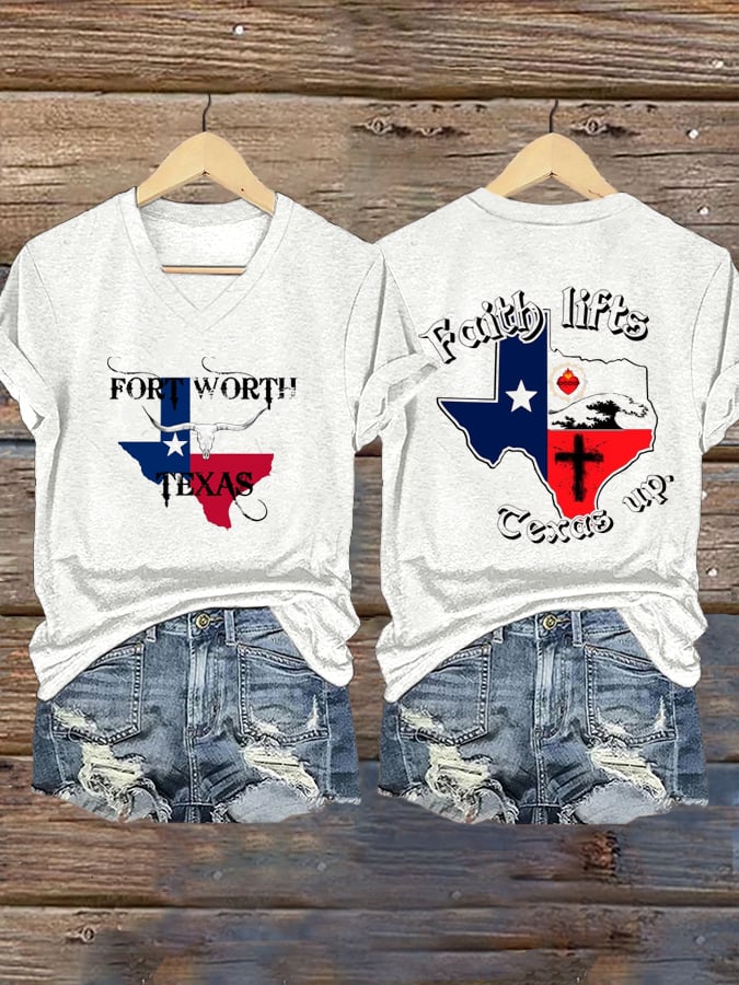 Women's Texas Flood Faith lifts  Texas up Print V-Neck T-Shirt
