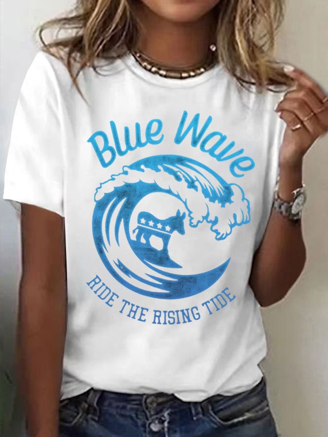 Women's Blue Rides The Waves Printed Short-Sleeved T-Shirt