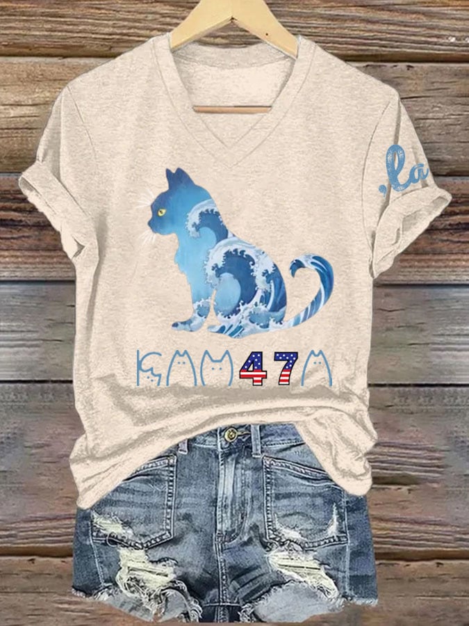 Women's La  Blue Wave Cat Printed Short-Sleeved T-Shirt