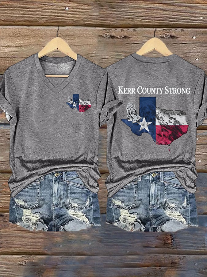 Women's Texas Flood KERR COUNTY STRONG Print V-Neck T-Shirt