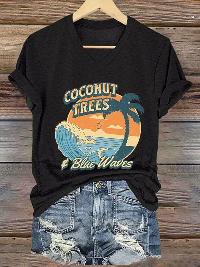 Women's Coconut Trees Blue Waves print casual T-shirt