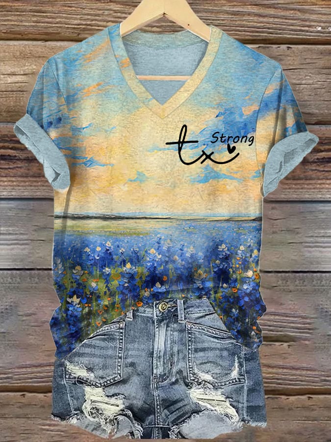 Women's Bluebonnet Field Texas Strong Printed Short-Sleeved T-Shirt