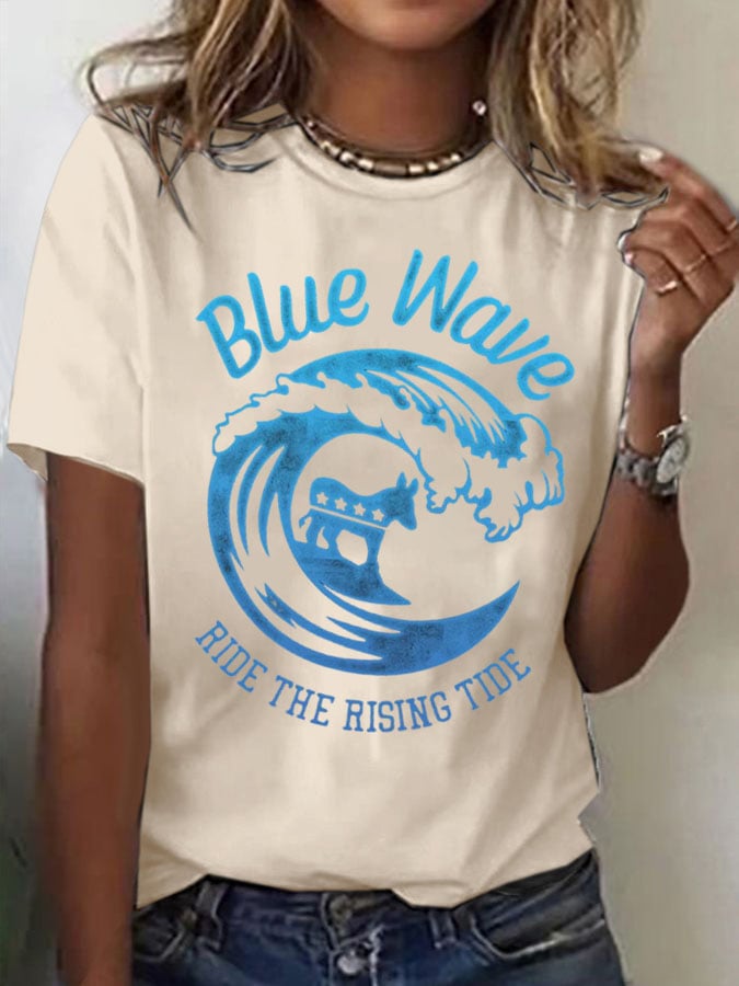 Women's Blue Rides The Waves Printed Short-Sleeved T-Shirt