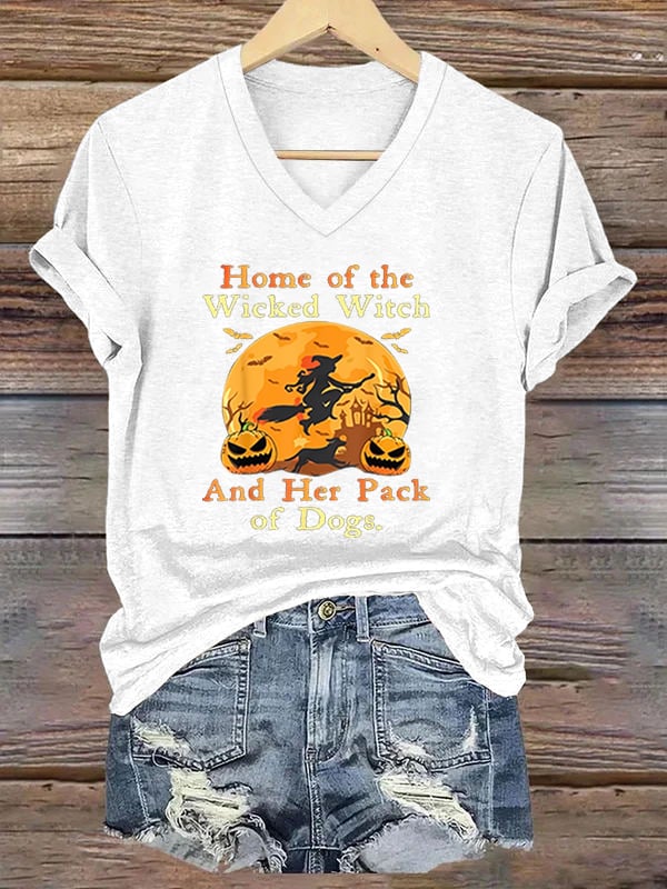 Home Of The Wicked Witch And Her Pack Of Dogs Print V Neck T-Shirt