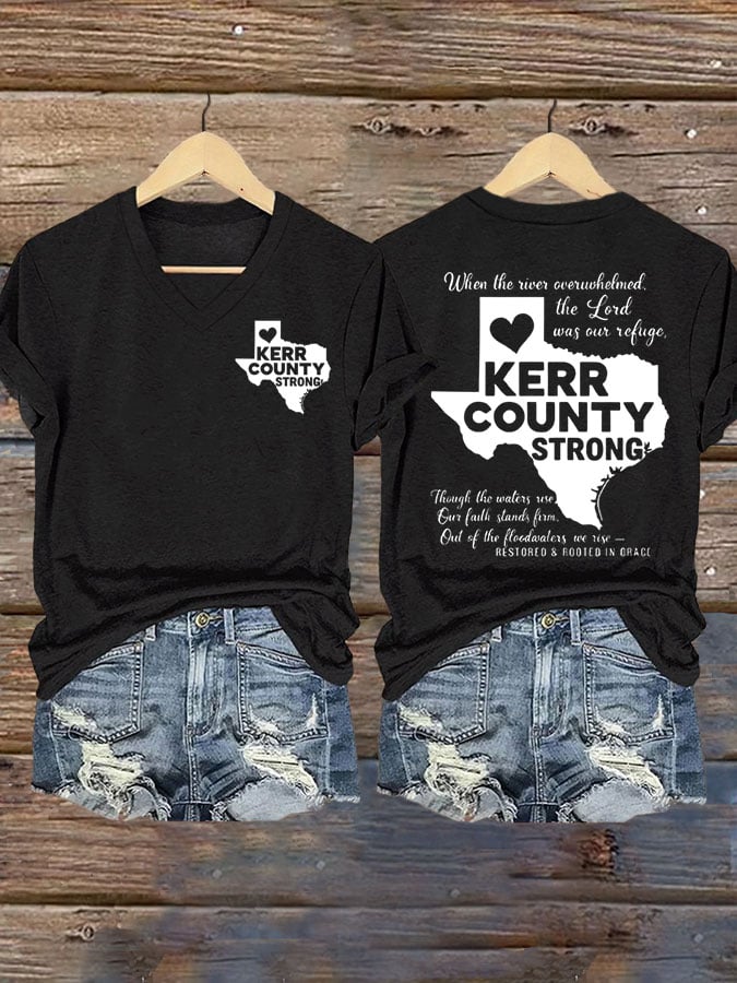 Women's Texas Flood KERR COUNTY STRONG Print V-Neck T-Shirt