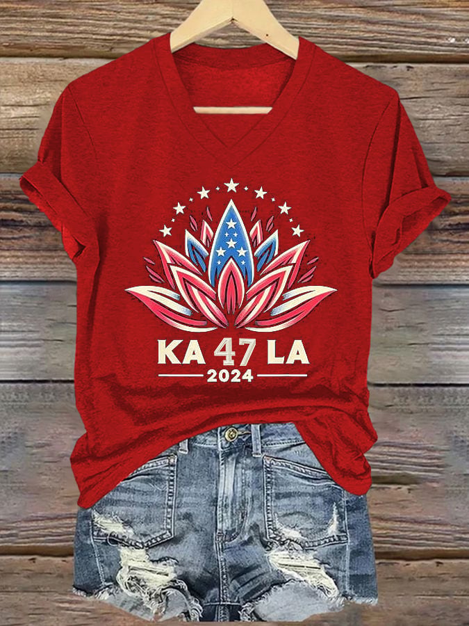 Lotus La Printed Casual V Neck T-Shirt