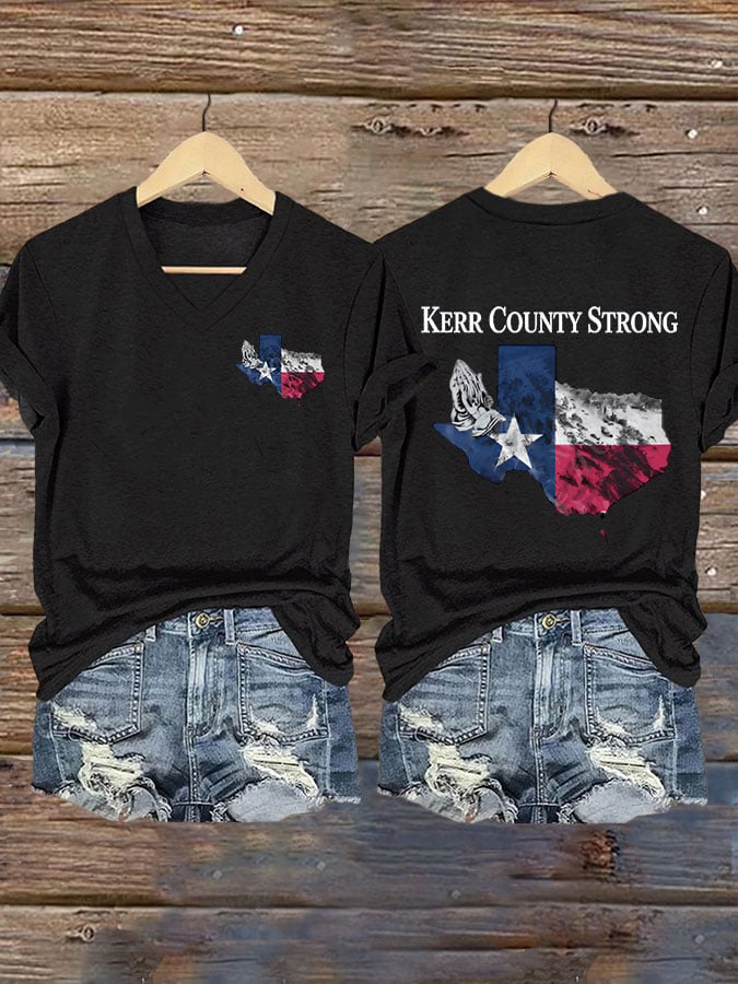 Women's Texas Flood KERR COUNTY STRONG Print V-Neck T-Shirt