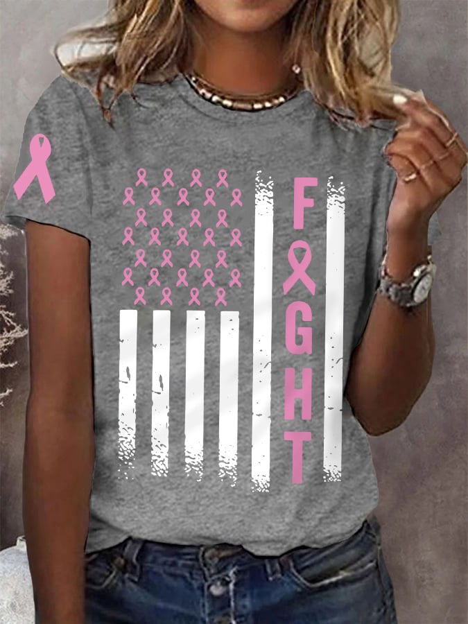 Women's Pink Ribbon Fight Breast Cancer Awareness Warrior American Flag Tee