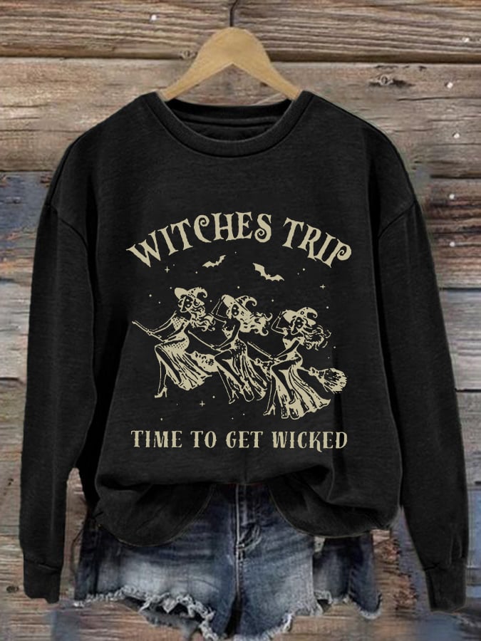 Women's Girls Trip Salem Witch Print Round Neck Sweatshirt