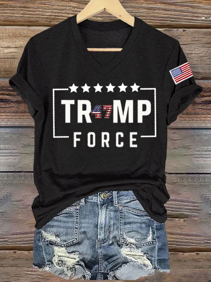 Women's American Flag 47 Print V-Neck T-Shirt
