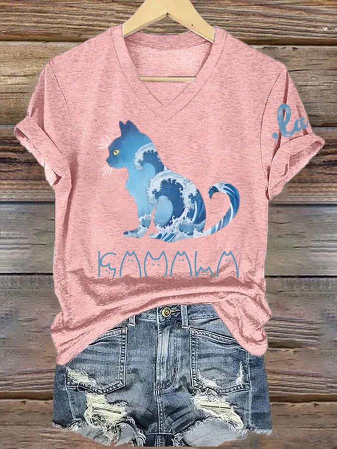 Women's La  Blue Wave Cat Printed Short-Sleeved T-Shirt