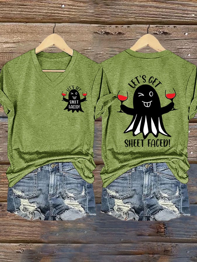 Women'S Halloween Let's Get Sheet Faced Printed T-Shirt