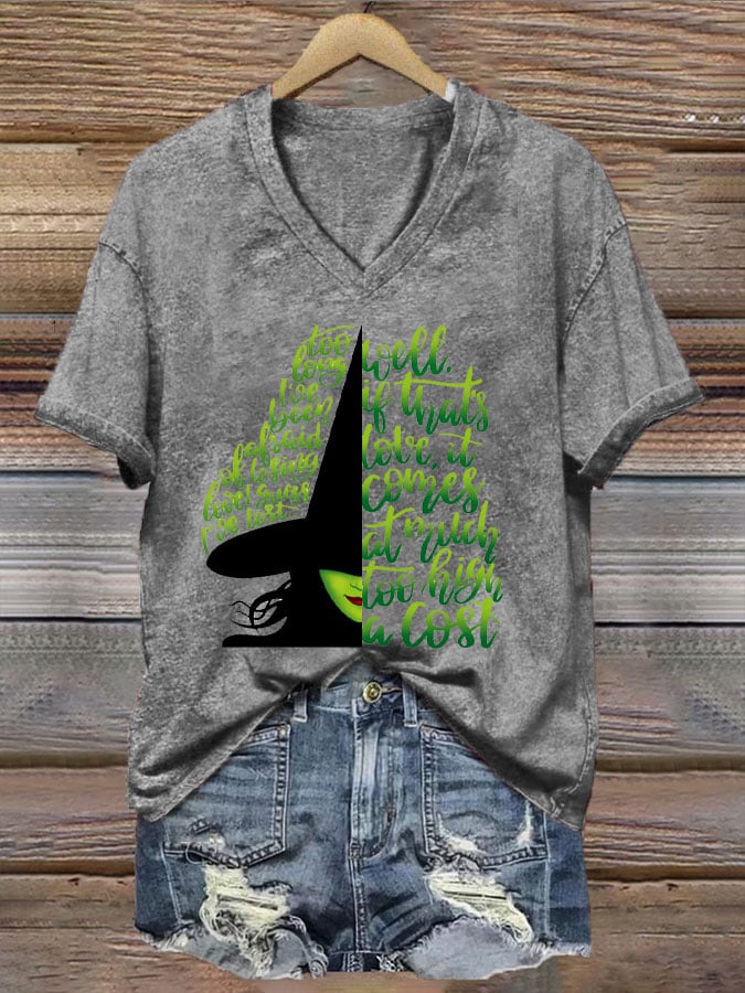 Women's Halloween Too Long I've Been Afraid Of Losing Love Witch Print V-Neck T-Shirt