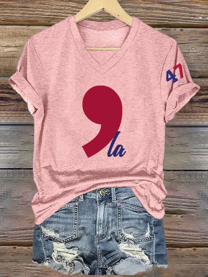 Women's La 47 Printed Casual V Neck T-Shirt