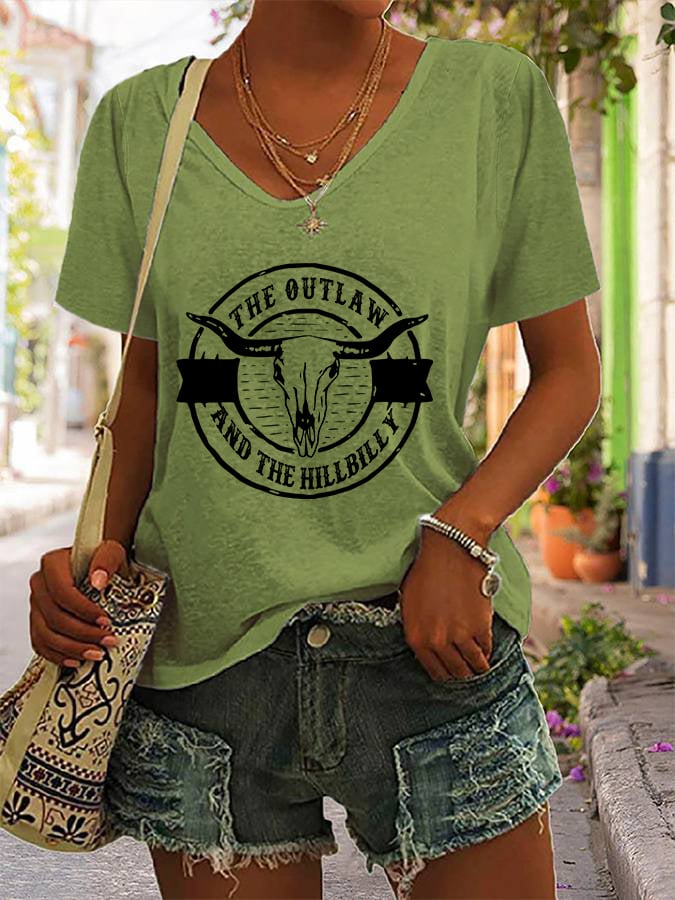 Women's The Outlaw and The Hillbilly Bull Skull Print V-Neck T-Shirt