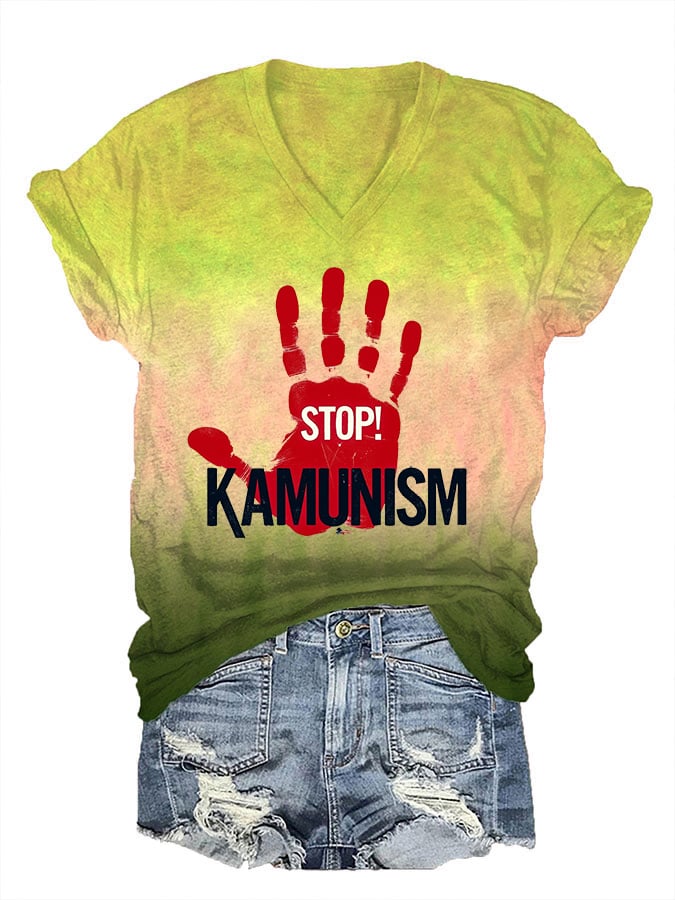 Women's Stop Kamunism Printed V-Neck T-Shirt