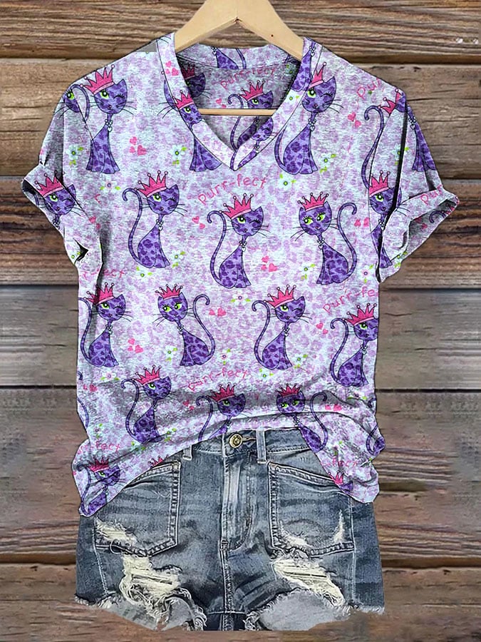Women's Blue Cat Print V-Neck T-Shirt