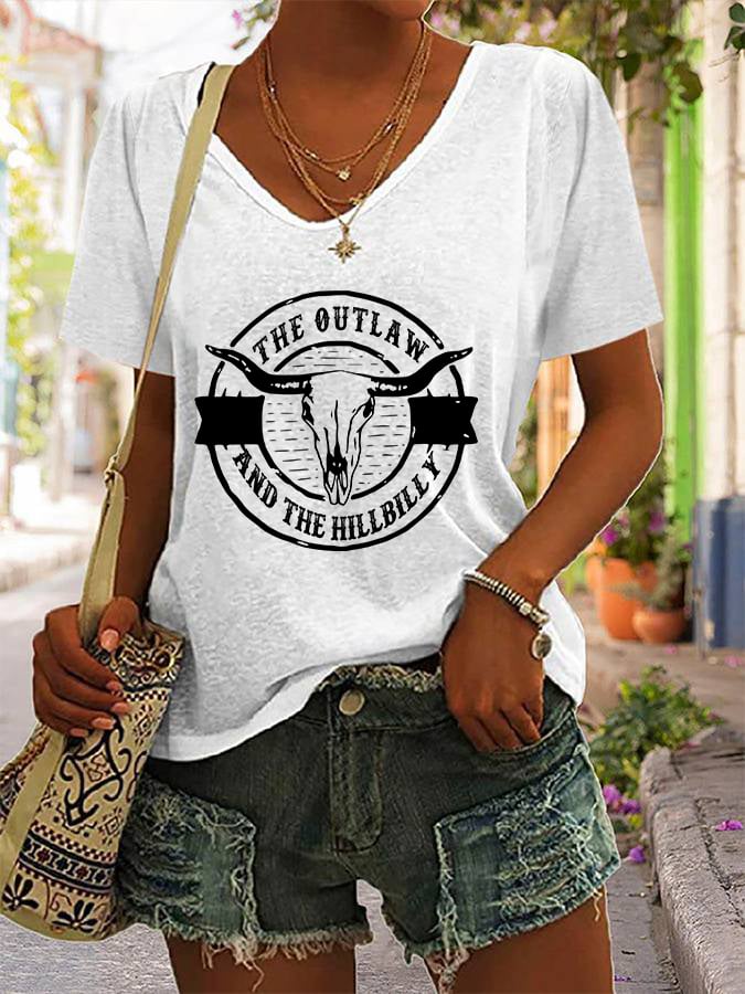 Women's The Outlaw and The Hillbilly Bull Skull Print V-Neck T-Shirt