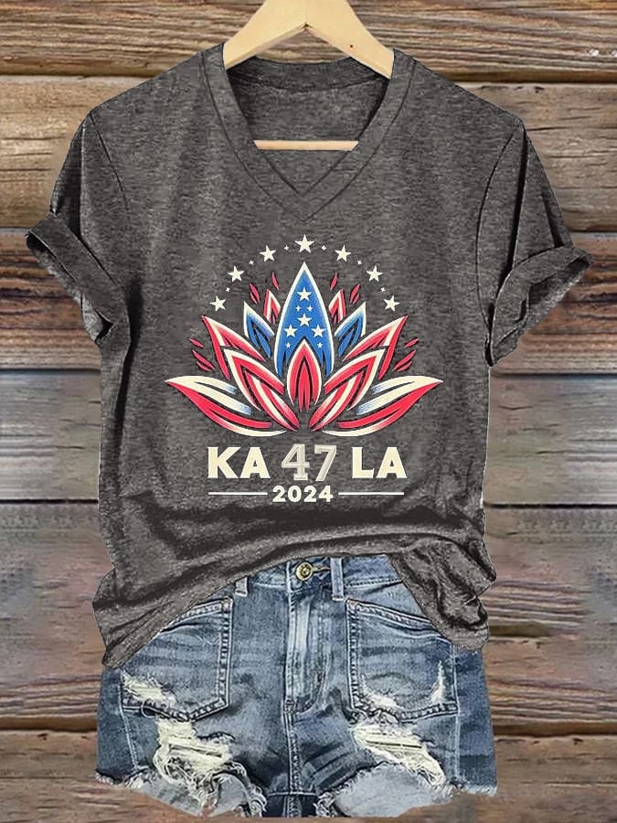 Lotus La Printed Casual V Neck T-Shirt