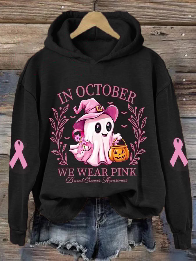 Women's In October We Wear Pink Halloween Ghost Breast Cancer Awareness Warrior Hoodie